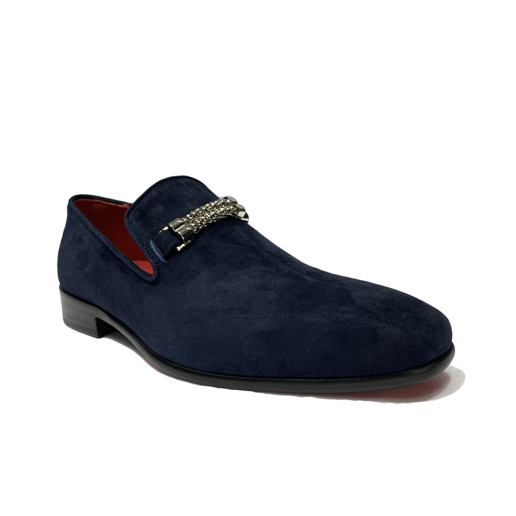 Emilio Franco Blue Suede Slip On Loafer Shoes with Chrome Roped Chain Ornamment