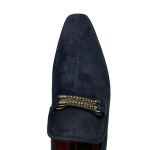 Emilio Franco Blue Suede Slip On Loafer Shoes with Chrome Roped Chain Ornamment
