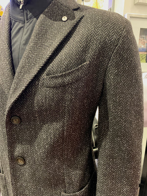LBM Over Coat: Dark Grey Herringbone Wool Tweed with Patch Pockets