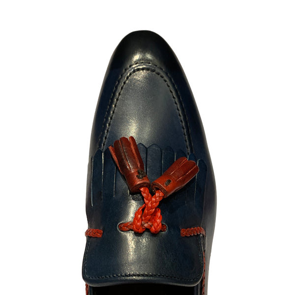 Emilio Franco Blue Wingtip Loafers Shoes with Red Tassels 