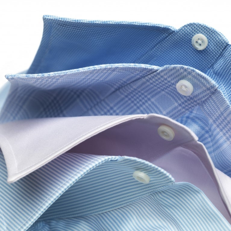 Mens tailored shirts in blue horizontal strip, lavender and blue check pattern