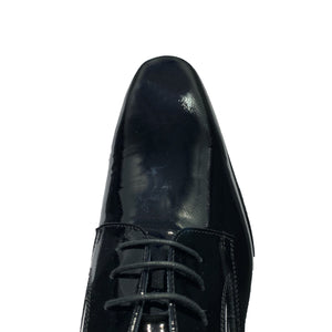 Toscana Shoes: Dark Blue Lace Up Plain Toe Patent Leather Tuxedo Shoes