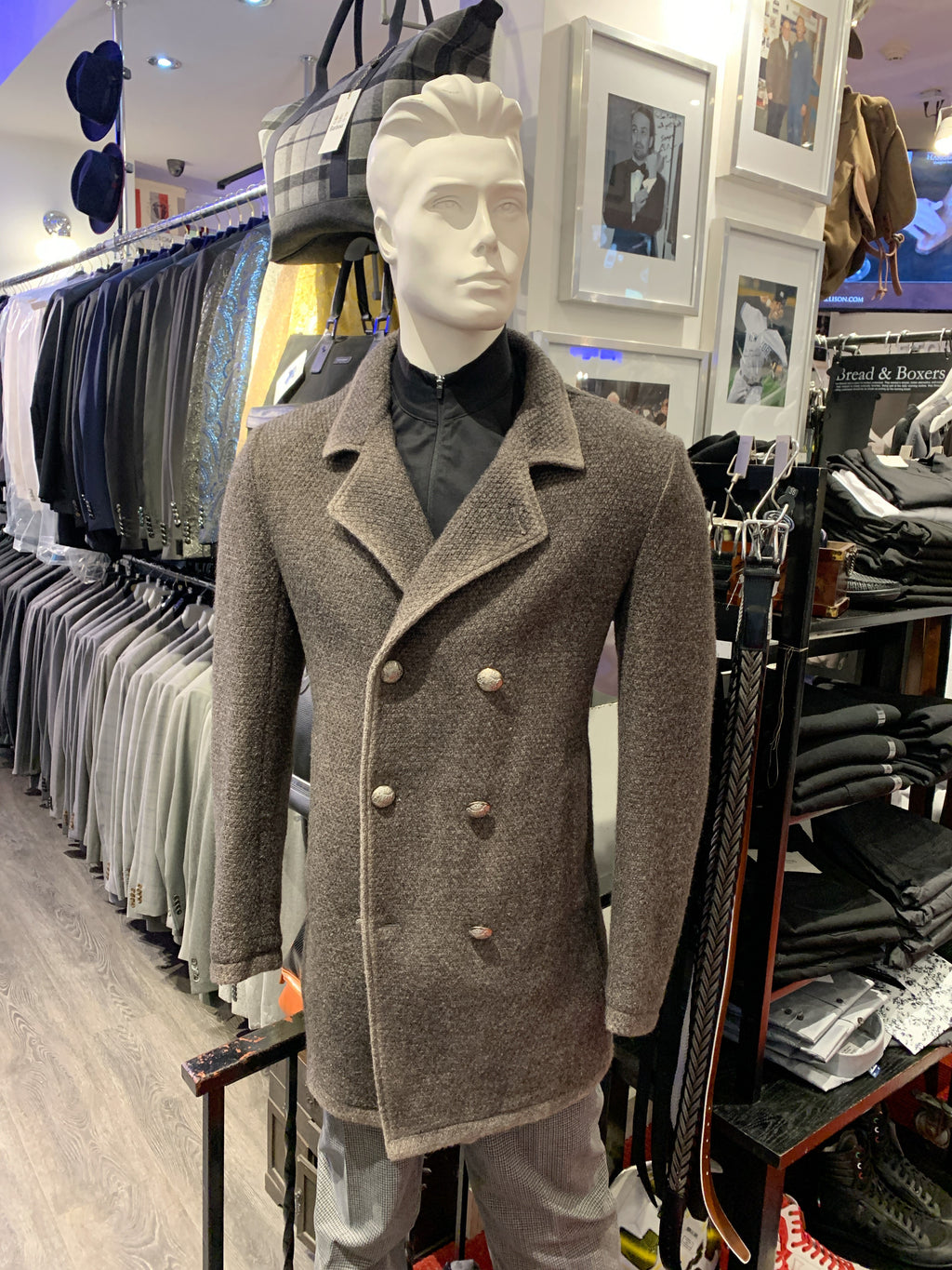 Gimos Over Coat: Grey Taupe Double Breasted Knit Stretch Peacoat 3/4 Length