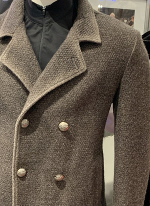 Gimos Over Coat: Grey Taupe Double Breasted Knit Stretch Peacoat 3/4 Length