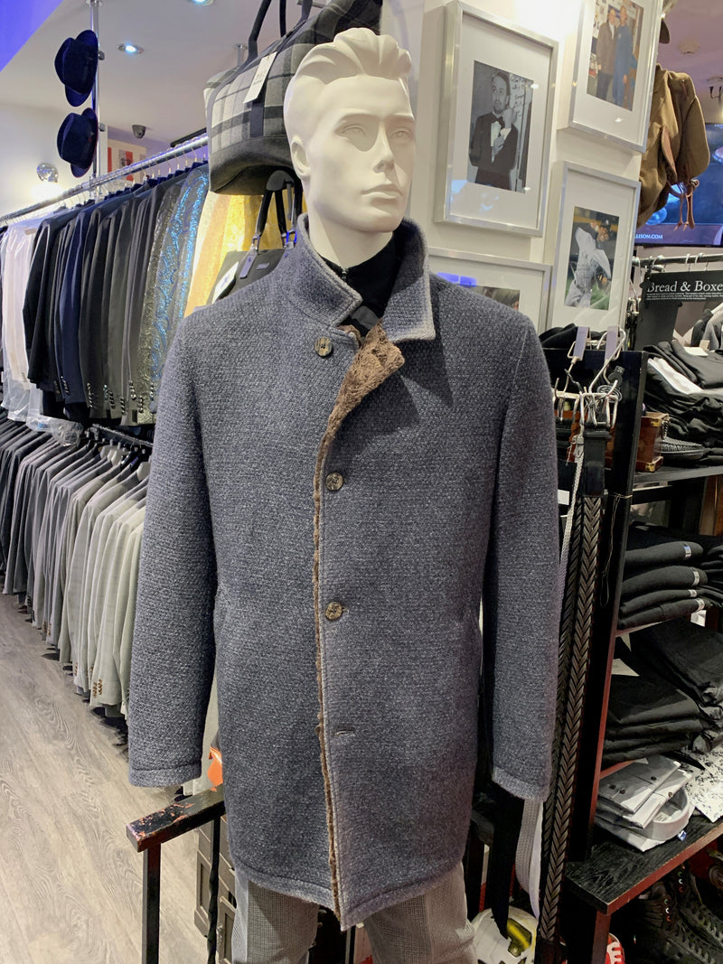 Gimos Over Coat: Denim Blue Knit Stretch with Brown Shearling Lining