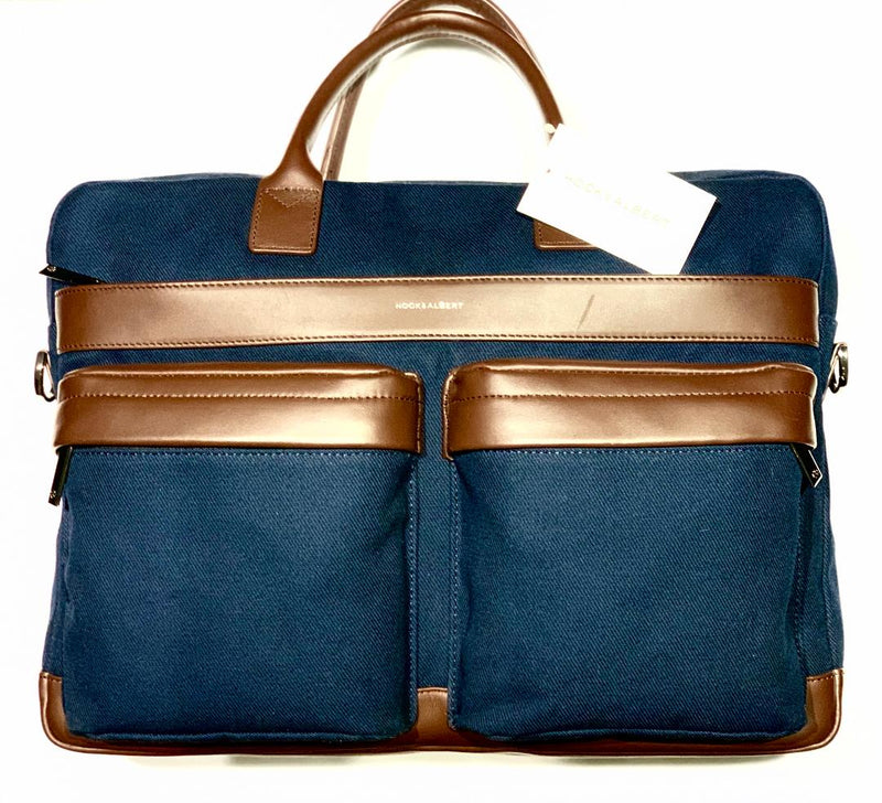 Hook & Albert Navy & Brown Canvas and Leather Laptop Bag