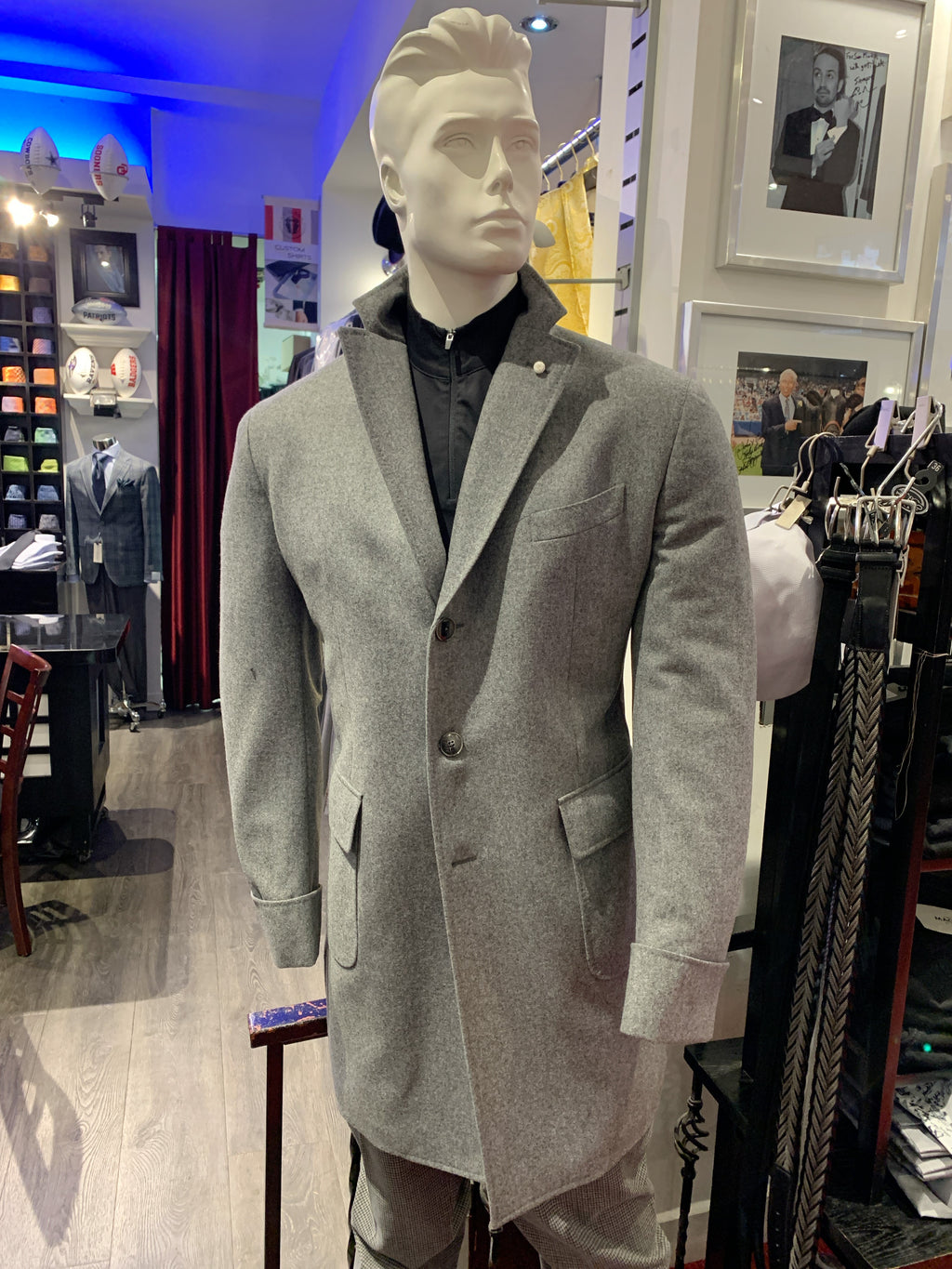 LBM Over Coat: Light Grey Flannel Wool with Back Strap & Cuffed Sleeves