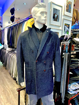 LBM Over Coat: Double Breasted Navy Plaid Wool with Back Strap