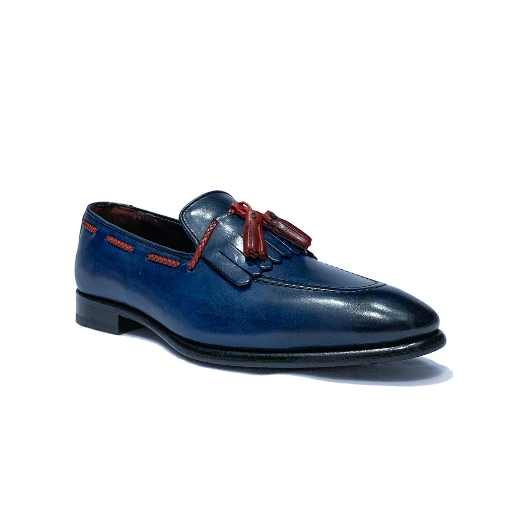 Emilio Franco Blue Wingtip Loafers Shoes with Red Tassels